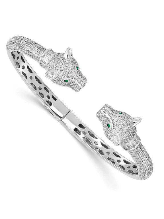 Finest Gold Sterling Silver Rhodium-Plated Polished CZ Lioness Hinged Cuff Bangle