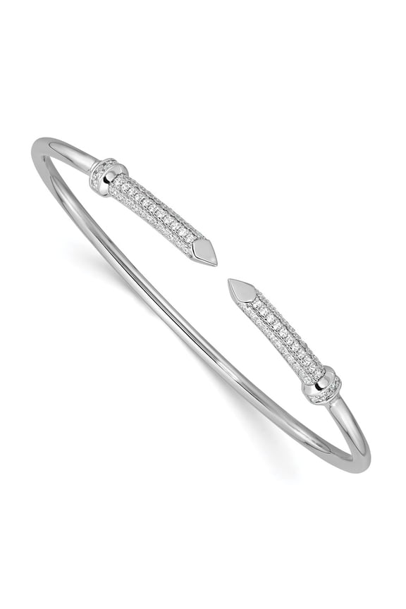 Sterling Silver Rhodium-plated Polished CZ Pointed Ends Flexible Cuff Bangle