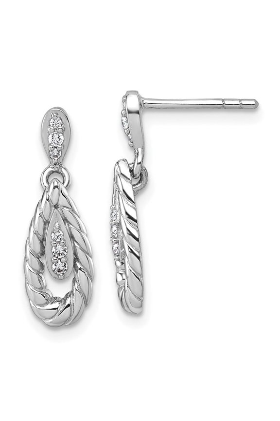 Sterling Silver Rhodium-plated Polished CZ Twisted Teardrop Dangle Post Earrings