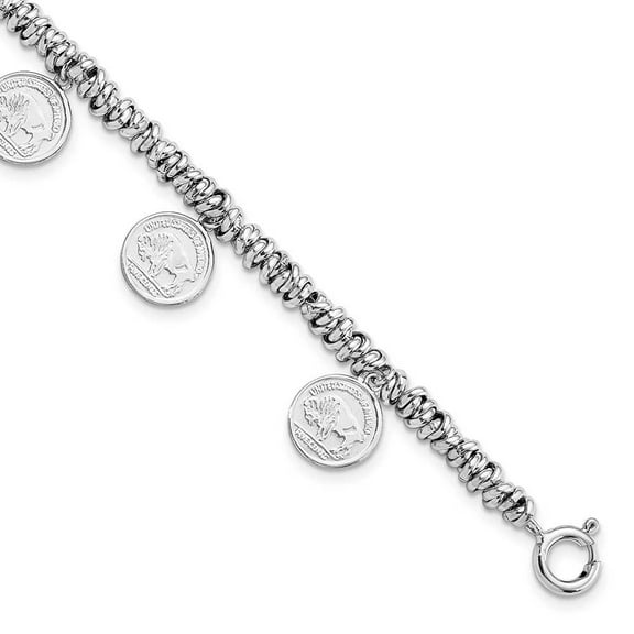 Finest Gold Sterling Silver Rhodium-Plated Polished Coin Charm with 2 in. Extension Bracelet