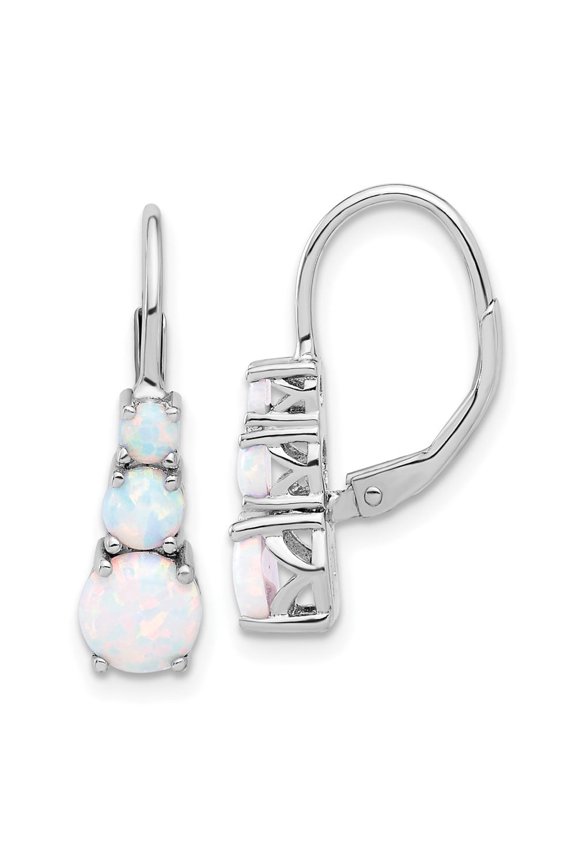 Sterling Silver Rhodium-plated Polished Created Opal Leverback Earrings