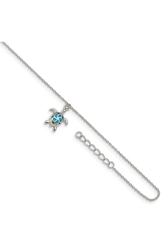 Sterling Silver Rhodium-plated Polished Created Opal Turtle 9 inch with a 1 inch Extention Anklet