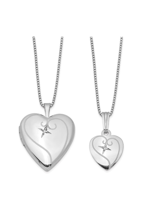 Sterling Silver Rhodium-plated Polished Diamond Heart 18in Locket Necklace and 14in Pendant Necklace Set QLS449SET