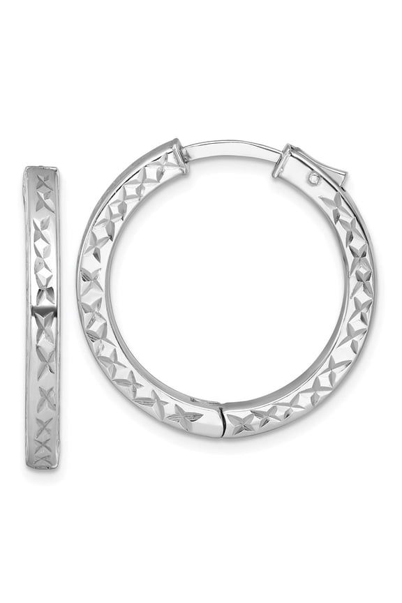 Sterling Silver Rhodium-plated Polished Diamond-cut 3x28mm with Safety Lock Hinged Square Tube Hoop Earrings