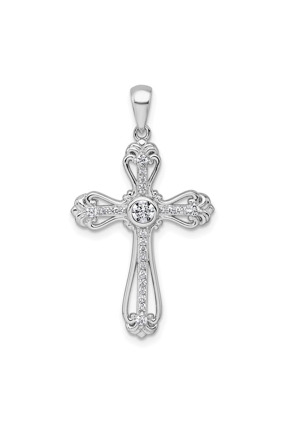 Sterling Silver Rhodium-plated Polished Fancy CZ Cross Pendant