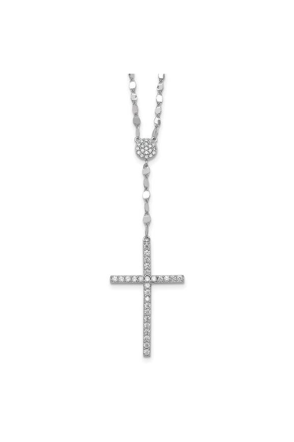 Sterling Silver Rhodium-plated Polished Fancy CZ Latin Cross 16 Inch with 2 Inch Extension Necklace