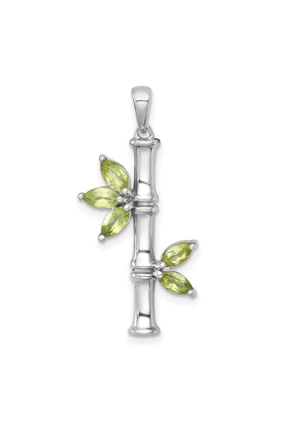 Sterling Silver Rhodium-plated Polished Fancy Peridot Bamboo with Leaves Pendant