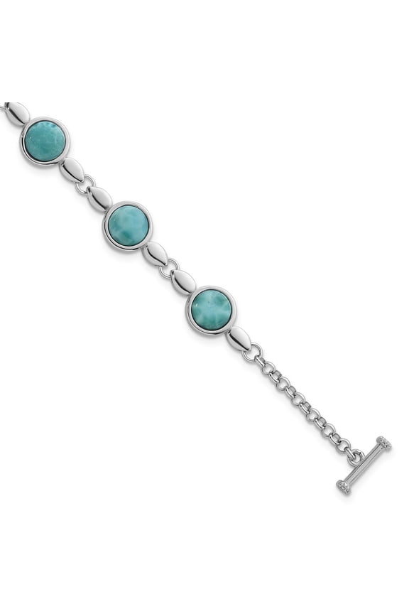 Sterling Silver Rhodium-plated Polished Fancy Round Larimar Cabochon 8 Inch Toggle Bracelet