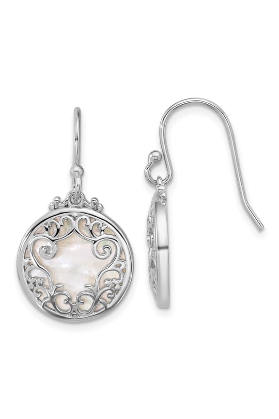 Sterling Silver Rhodium-plated Polished Filigree Mother of Pearl Filigree Circle Dangle Earrings