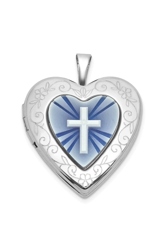 Sterling Silver Rhodium-plated Polished Front/Brushed Back Blue Cross Resin Cameo 20mm Heart Locket