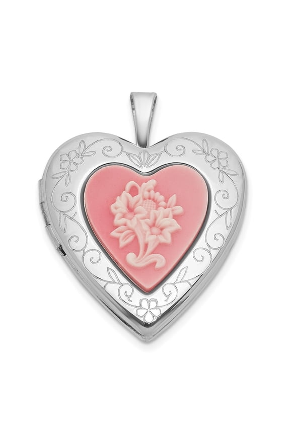 Sterling Silver Rhodium-plated Polished Front/Brushed Back Pink Flowers Resin Cameo 20mm Heart Locket