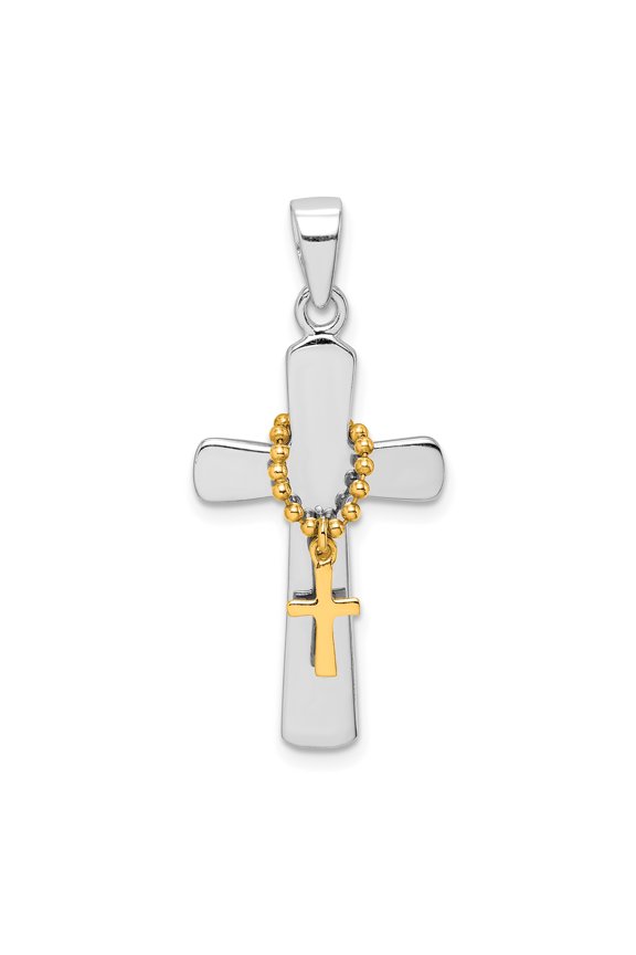 Sterling Silver Rhodium-plated Polished Gold Tone Double Cross Pendant QC9368