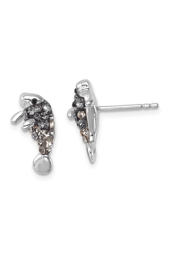 Rhodium-plated Polished Grey Crystal Manatee Post Earrings