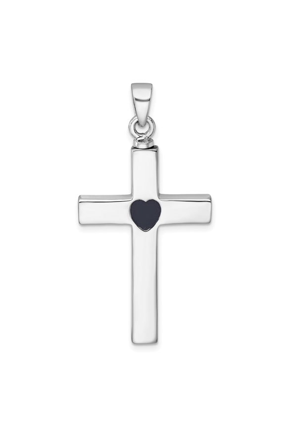Sterling Silver Rhodium-plated Polished Latin Cross with Enameled Heart Ash Holder Pendant