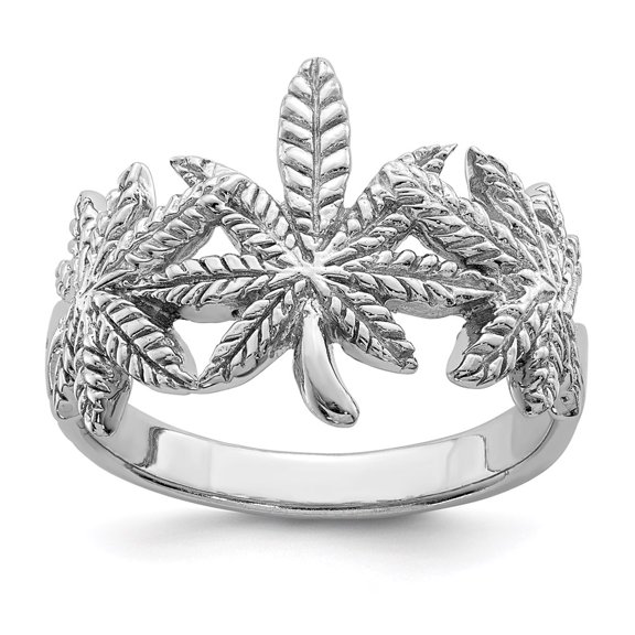 Finest Gold Sterling Silver Rhodium-Plated Polished Leaf Ring - Size 7