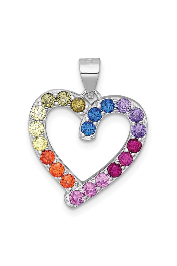 Sterling Silver Rhodium-plated Polished Multi-color Rainbow CZ Open Heart Pendant