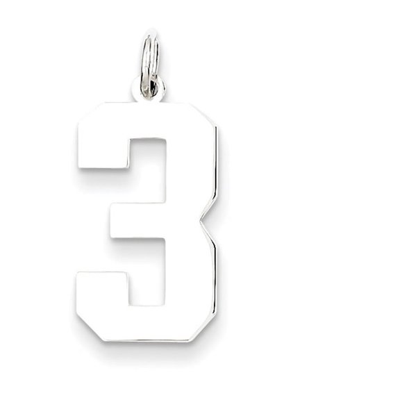 925 Sterling Silver Solid Large Polished Sport game Number 3 Charm 24x10mm Wide Pendant Necklace for Women