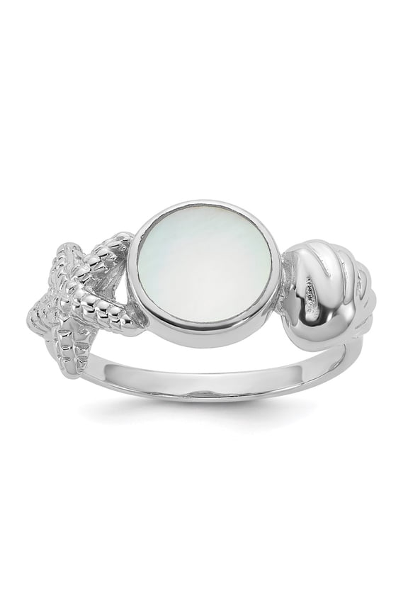 Sterling Silver Rhodium-plated Polished Oval Mother of Pearl and Sea Shell with Starfish Size 7 Ring