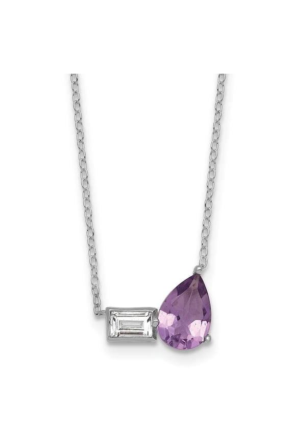 Sterling Silver Rhodium-plated Polished Pear Amethyst and Emerald-cut White Topaz 16 Inch with 2 Inch Extension Necklace