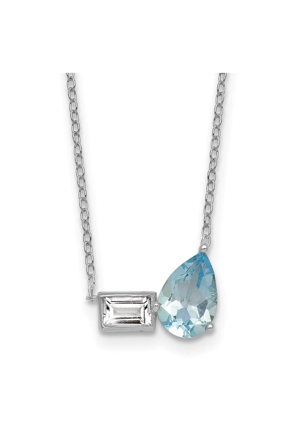 Sterling Silver Rhodium-plated Polished Pear Sky Blue and Emerald-cut White Topaz 16 Inch with 2 Inch Extension Necklace