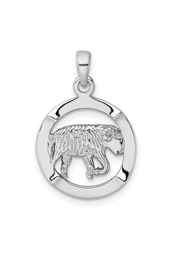 Sterling Silver Rhodium-plated Polished Reversible Aries Ram in Circle Zodiac Pendant