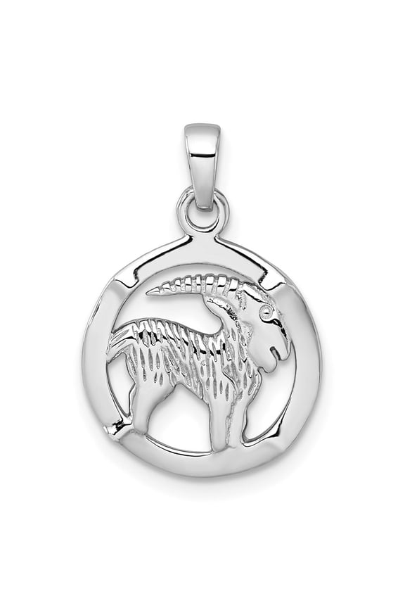 Sterling Silver Rhodium-plated Polished Reversible Capricorn Goat in Circle Zodiac Pendant