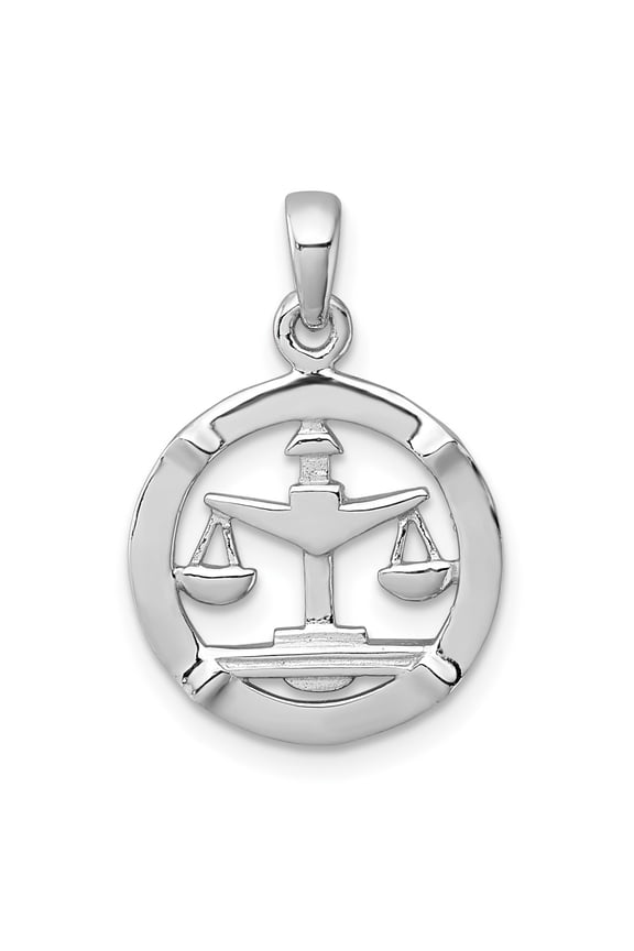 Sterling Silver Rhodium-plated Polished Reversible Libra Scales in Circle Zodiac Pendant