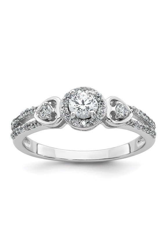 Sterling Silver Rhodium-plated Polished Round CZ Halo Double Side Heart Split Shank Size 8 Ring