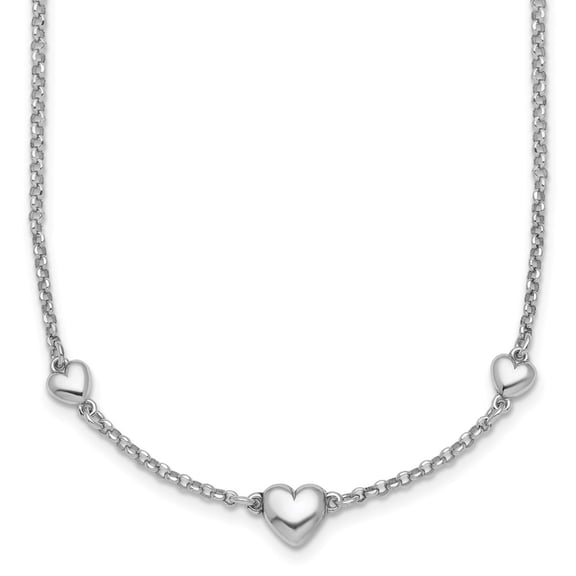 Sterling Silver Rhodium-plated Polished Three Puffed Hearts 16 inch with 2 inch Extender Necklace 16 Inches