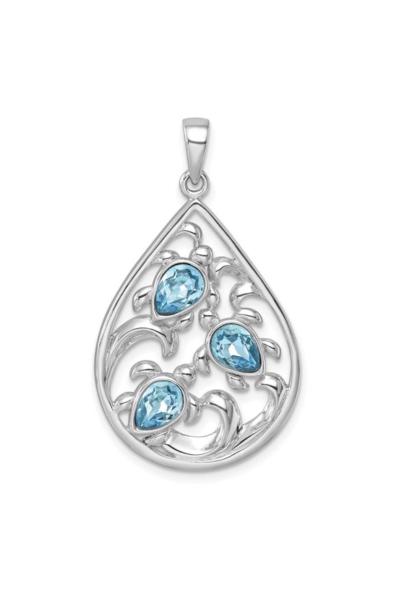Sterling Silver Rhodium-plated Polished Triple Crystal Turtle Ocean Wave Pendant