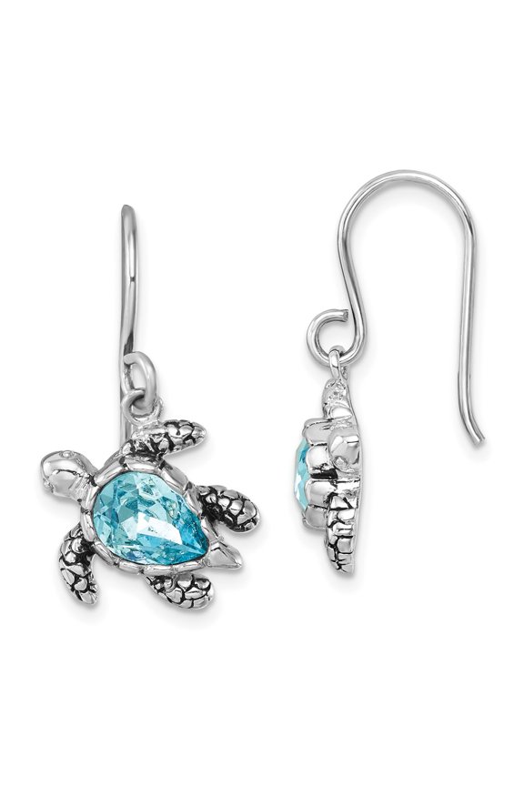 Sterling Silver Rhodium-plated Polished and Antiqued Blue Crystal Turtle Dangle Earrings