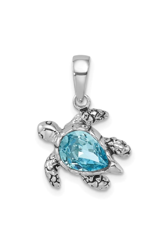 Sterling Silver Rhodium-plated Polished and Antiqued Blue Crystal Turtle Pendant