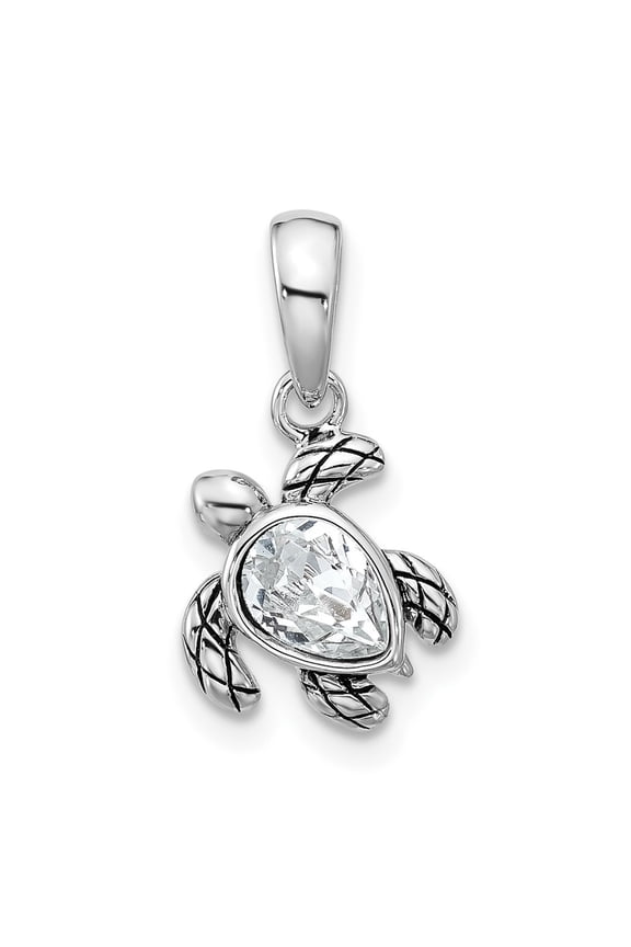 Sterling Silver Rhodium-plated Polished and Antiqued Crystal April Birthstone Turtle Pendant