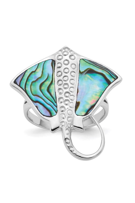 Sterling Silver Rhodium-plated Polished and Textured Abalone Stingray Size 7 Ring