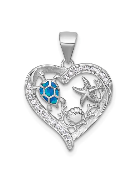 Sterling Silver Rhodium-plated Polished and Textured Blue Lab Created Opal and CZ Sealife Heart Pendant