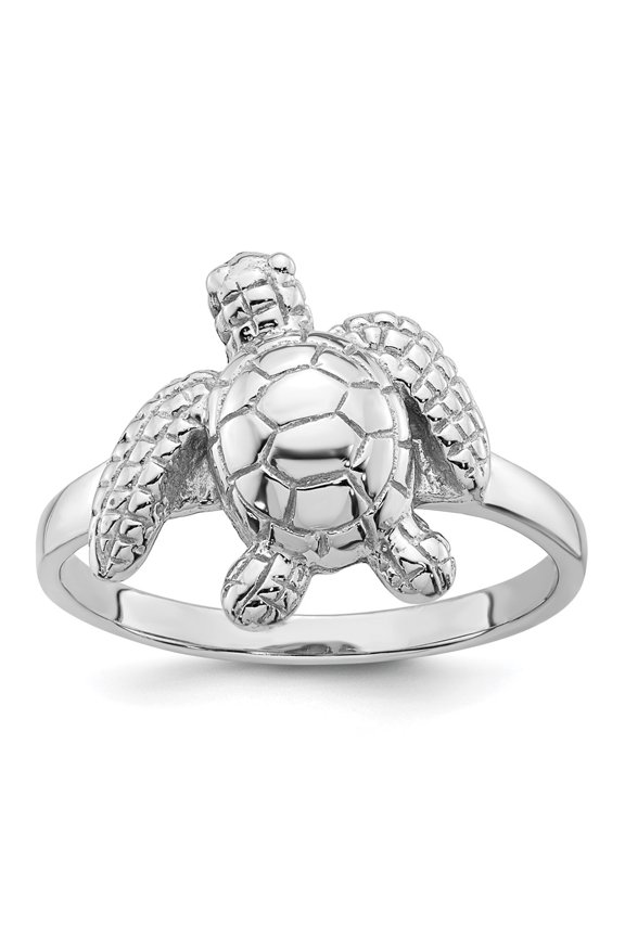 Sterling Silver Rhodium-plated Polished and Textured Sea Turtle Size 6 Ring