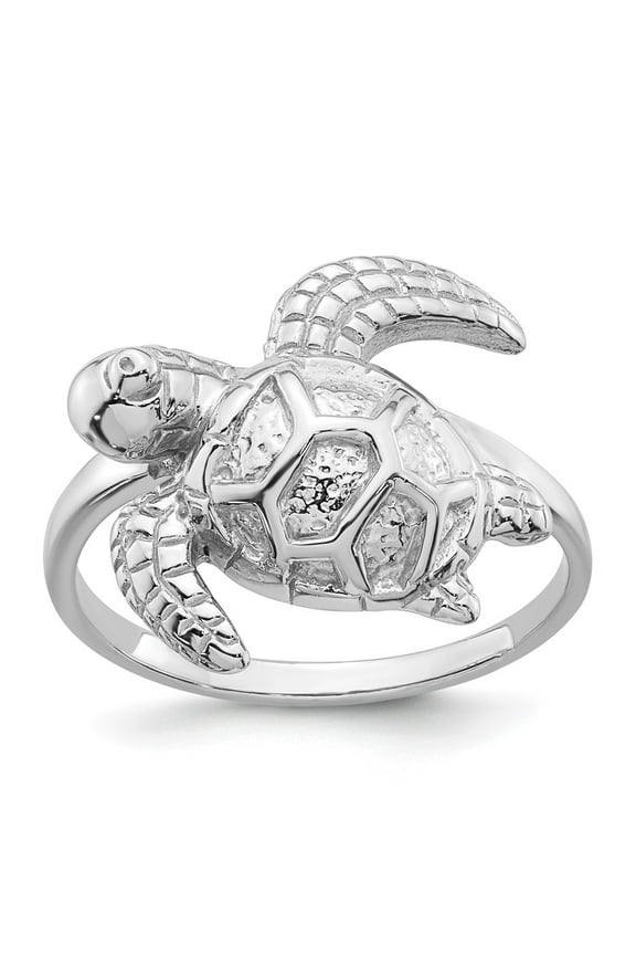 Sterling Silver Rhodium-plated Polished and Textured Sea Turtle Size 7 Ring