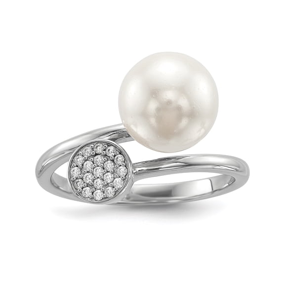 Finest Gold Sterling Silver Rhodium-Plated Polished with CZ & Acrylic Pearl Ring - Size 6