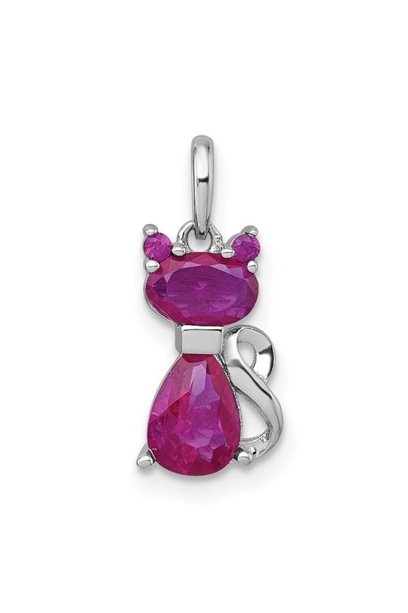 Sterling Silver Rhodium-plated Red Corundum Cat Pendant