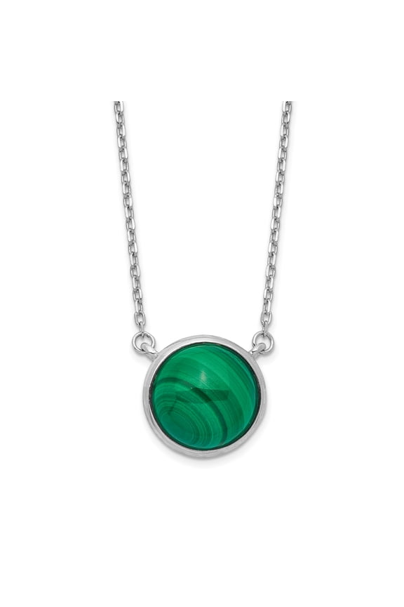 Sterling Silver Rhodium-plated Round Malachite Cabochon Necklace