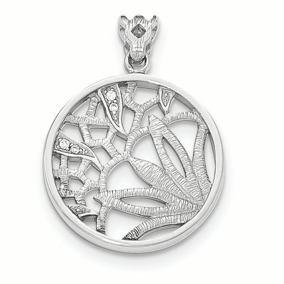 Sterling Silver Rhodium-plated Textured CZ Floral Circle Pendant