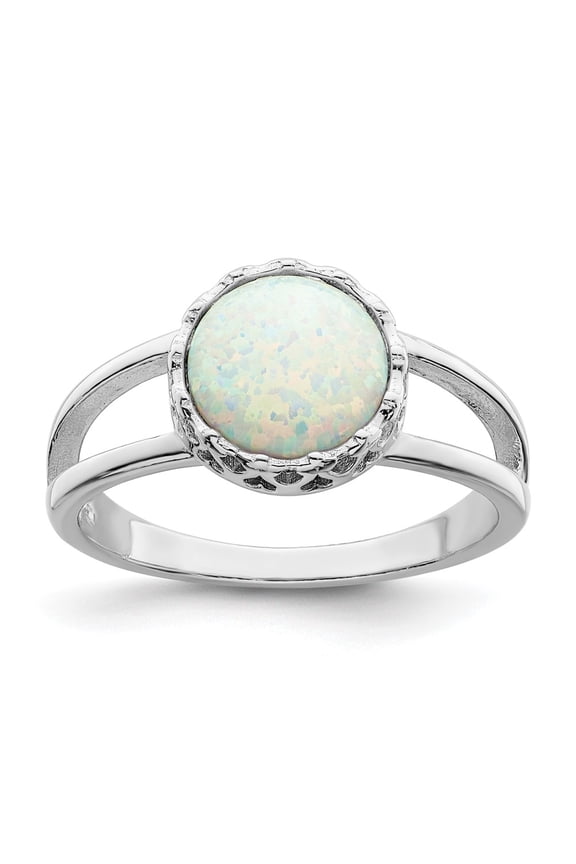 Sterling Silver Rhodium-plated Round White Created Opal Inlay Ring