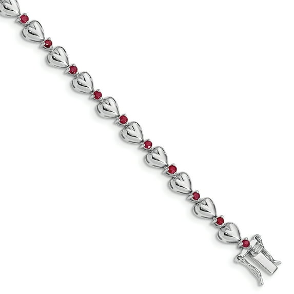 Sterling Silver Rhodium-plated & Ruby Heart Bracelet QX938R