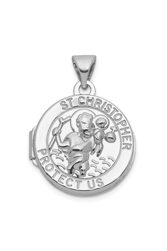 Sterling Silver Rhodium-plated Saint Christopher Protect Us 16mm Round Locket