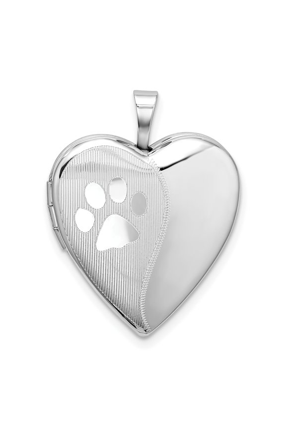 Lockets Sterling Silver Rhodium-plated Satin & Polished Paw Prints Heart Locket