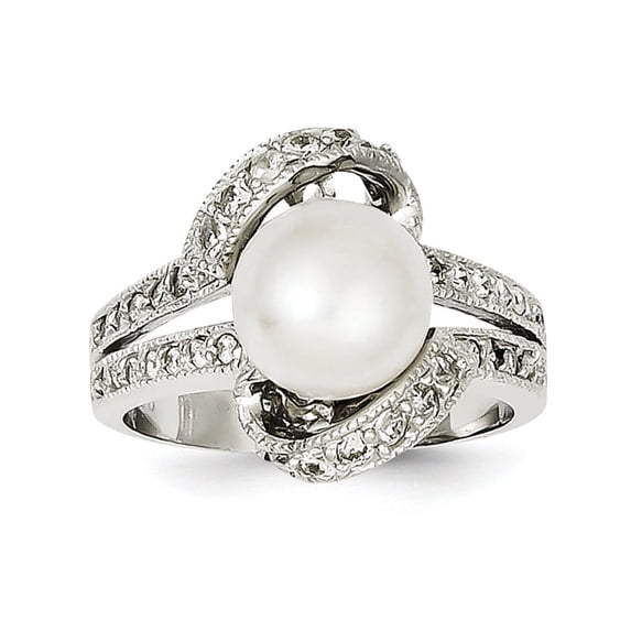 925 Sterling Silver Polished Simulated Pearl and Cubic Zirconia Ring Size 8 - Jewelry Gift for Mom