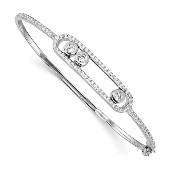 Sterling Silver Rhodium-plated Sliding Cubic Zirconia Stones Hinged Bangle Bracelet