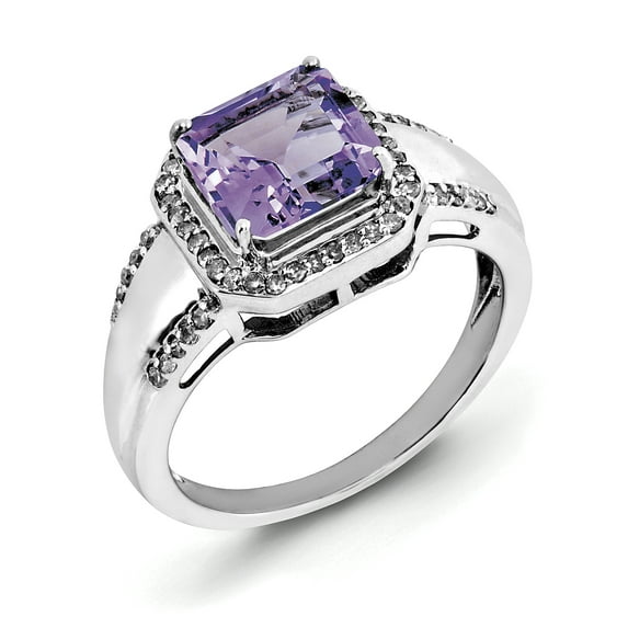 Sterling Silver Rhodium-plated Square Amethyst & Diamond Ring