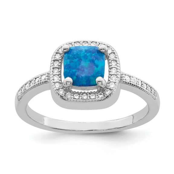 Sterling Silver Rhodium-plated Square Blue Created Opal CZ Ring Size 6
