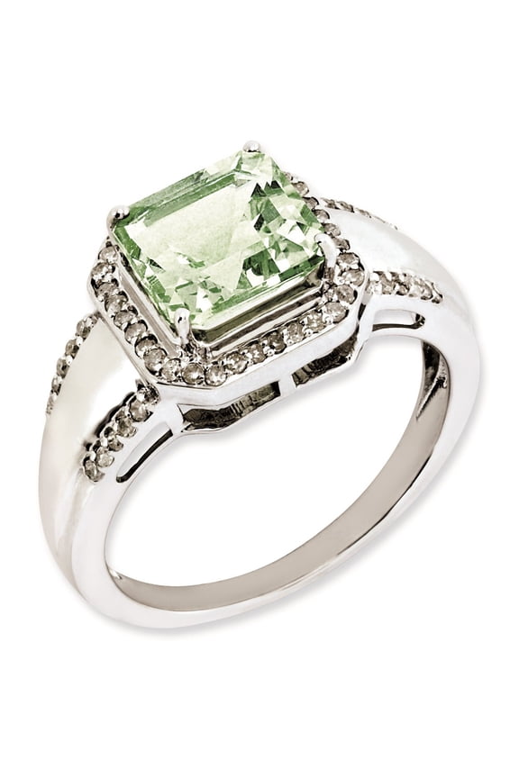 Sterling Silver Rhodium-plated Square Diamond & Green Quartz Ring